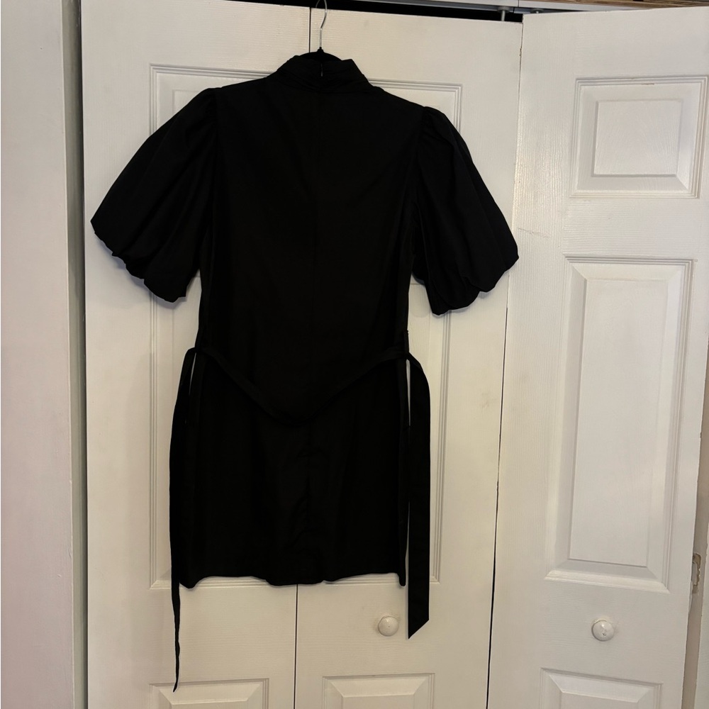 Frame Margot Mock Neck Balloon Sleeves Belted Black Mini Dress With Pockets NWOT - Picture 5 of 15